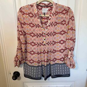 HD‎ in Paris Blouse  Orange Striped Button Up V-Neck Long Sleeve Pleated Size 4